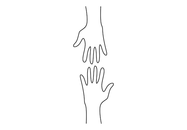 かろうじてお互いに触れている 2 つの手の連続線画 白い背景に分離された 2 つの手の簡単なスケッチ お互いのシンボルを接続する人々 ベクトル図