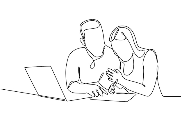 ノートパソコンのベクトル図とテーブルに座っている2人の連続線画