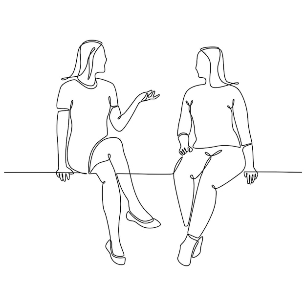 continuous line drawing of two young women having a conversation isolated on a white background