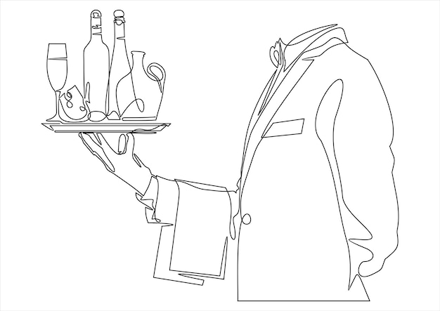 Continuous line drawing of waiter hand holding tray with wine bottle and glasses