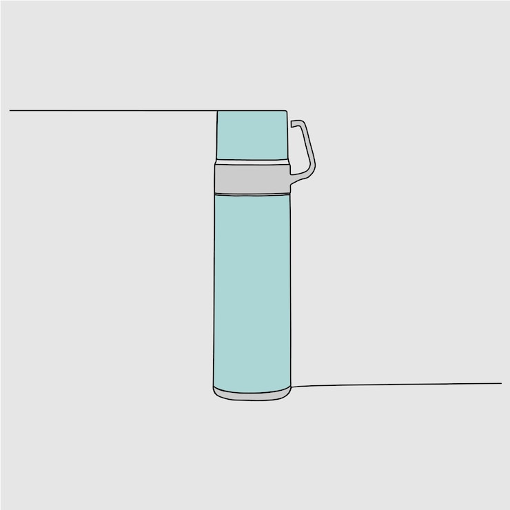 Vector continuous line drawing of water bottle with a blue label that says the word water on it