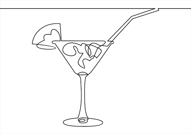 Continuous line drawing Wineglass with cocktail and lemon Hand drawn vector