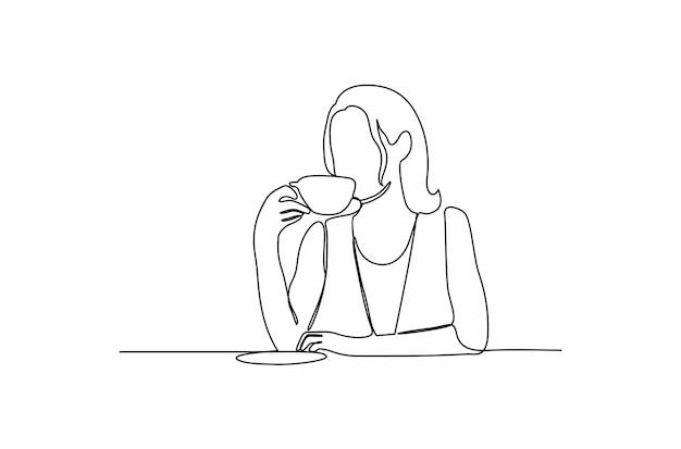 Continuous line drawing of a woman enjoying drinking coffee Vector illustration Premium vector