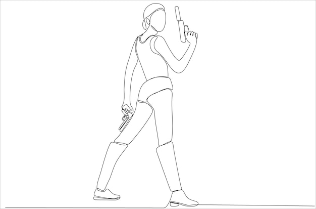 Continuous line drawing of a woman holding a gun vector premium vector illustration Premium Vector