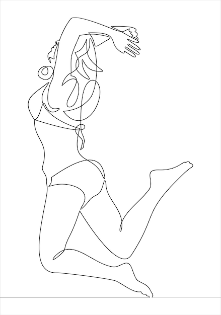 Непрерывный рисунок линии Женщина прыгает от счастья. Векторная иллюстрация.