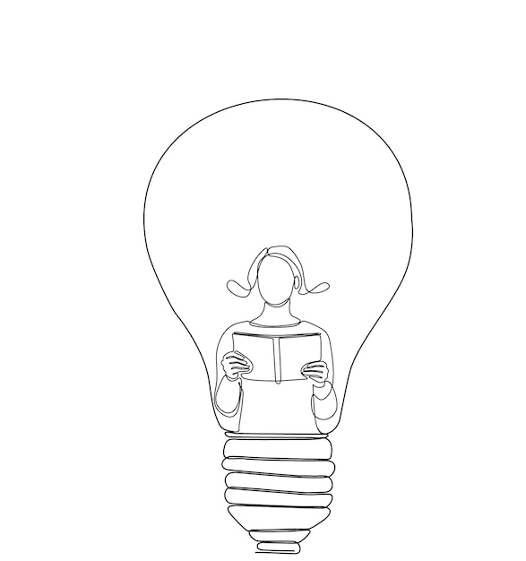 Continuous line drawing of woman reading book inside lamp