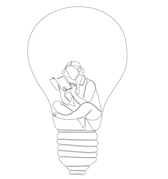 continuous line drawing of woman reading book inside lamp