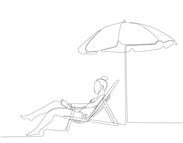 continuous line drawing of woman relaxing and sitting on a deck chair by the beach