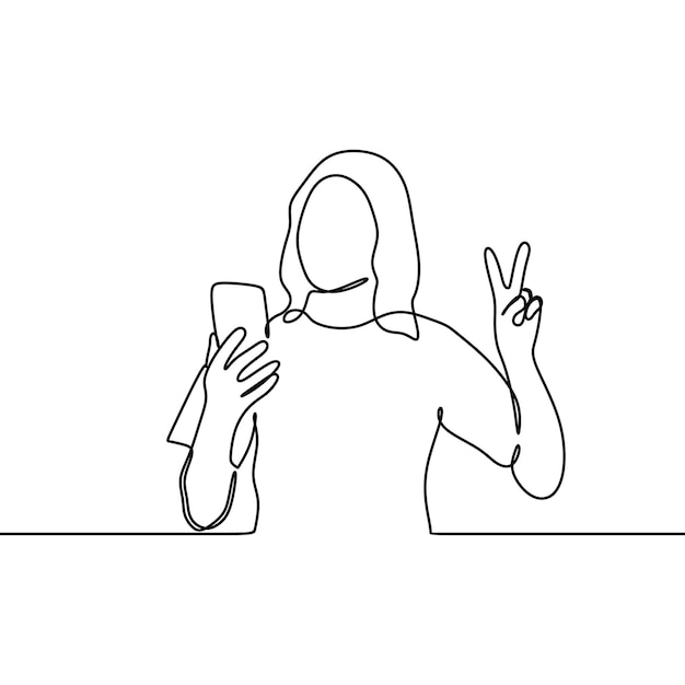 continuous line drawing of woman use mobile cell phone and hand show gesture