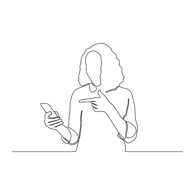 Vector continuous line drawing of woman using smartphone isolated on white background