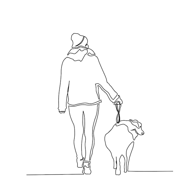 Continuous line drawing of woman walking with her dog dog and girl lineart with active stroke