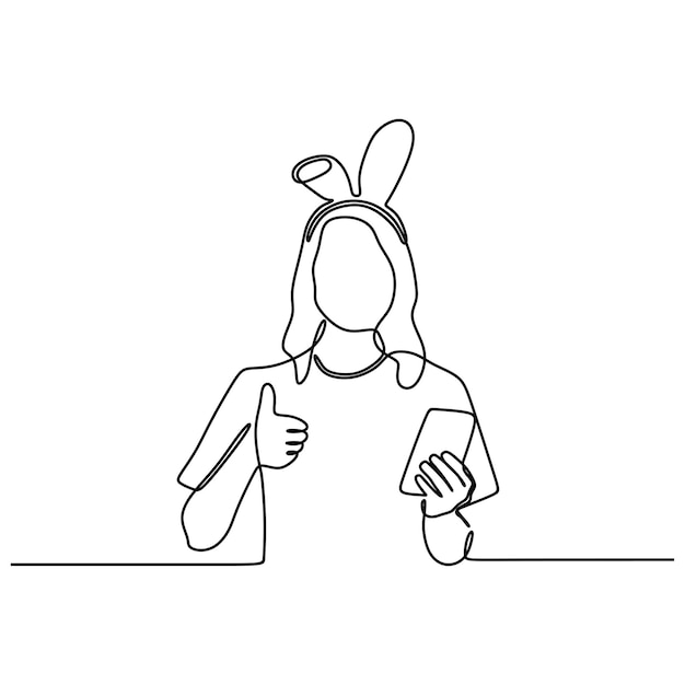 Disegno a tratteggio continuo di donna che indossa vestiti coniglietto utilizzando il telefono cellulare e mostrando i pollici in su