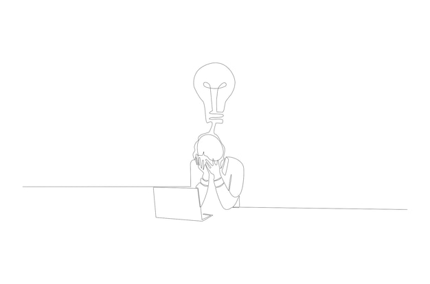 Непрерывный рисунок линии женщины с иллюстрацией символа лампочки векторная иллюстрация Premium векторы