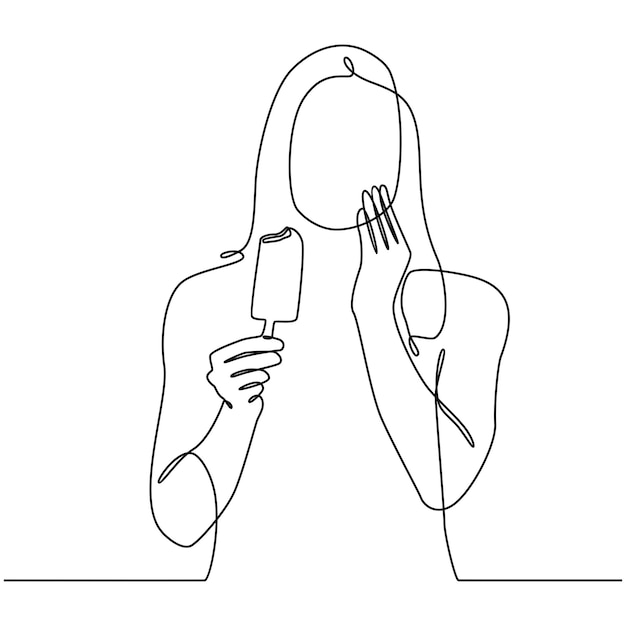 continuous line drawing of woman with sensitive teeth and cold ice cream vector illustration