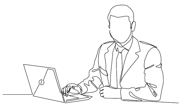 Continuous line drawing of a young businessman with laptop