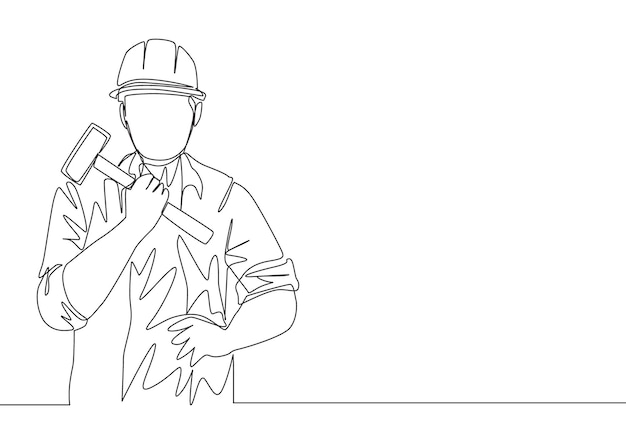 Continuous line drawing of young craftsman holding hammer and wearing uniform with helmet Handyman