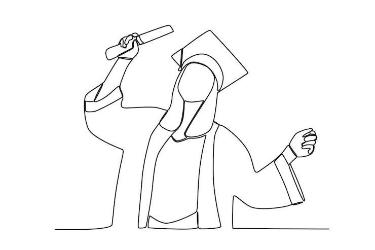 Vector continuous line drawing of young female university graduate