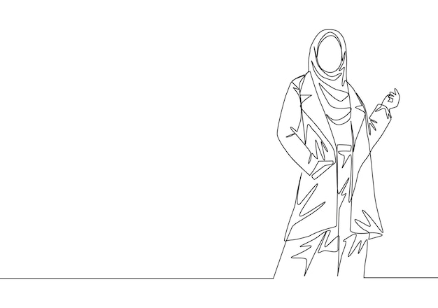 Continuous line drawing of young happy beautiful muslimah women model on Islamic cloth pose nicely