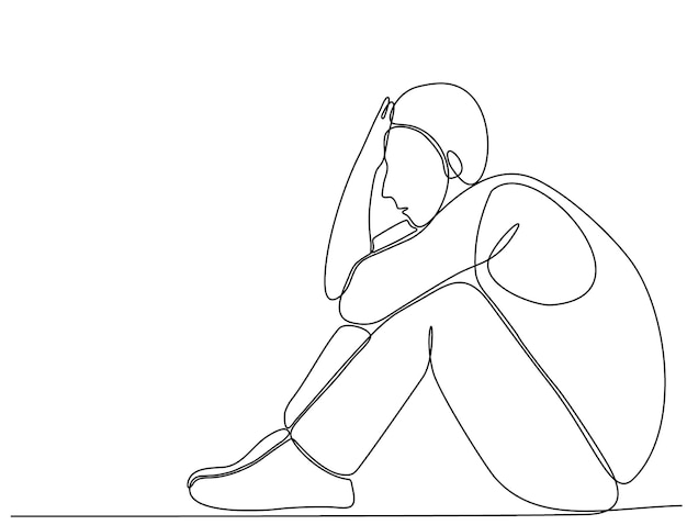 Continuous line drawing of young man feeling sad tired and worried premium vector