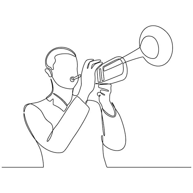 Continuous line drawing of a young man playing a trumpet isolated on a white background vector