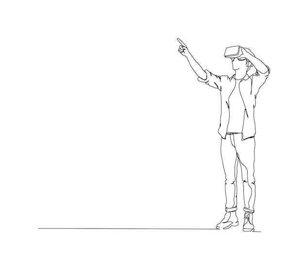 Непрерывный рисунок линии молодого человека в виртуальной реальности Однолинейное искусство концепции виртуальной реальности Векторная иллюстрация