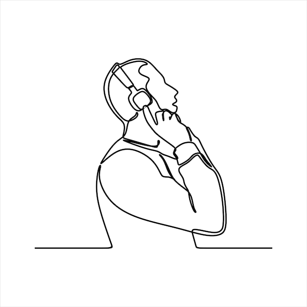 continuous line drawing of young man with headphones