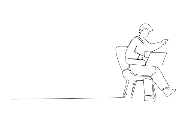 若いマネージャービジネスマンがラップトップのイラストの前に座っている連続的なライン描画