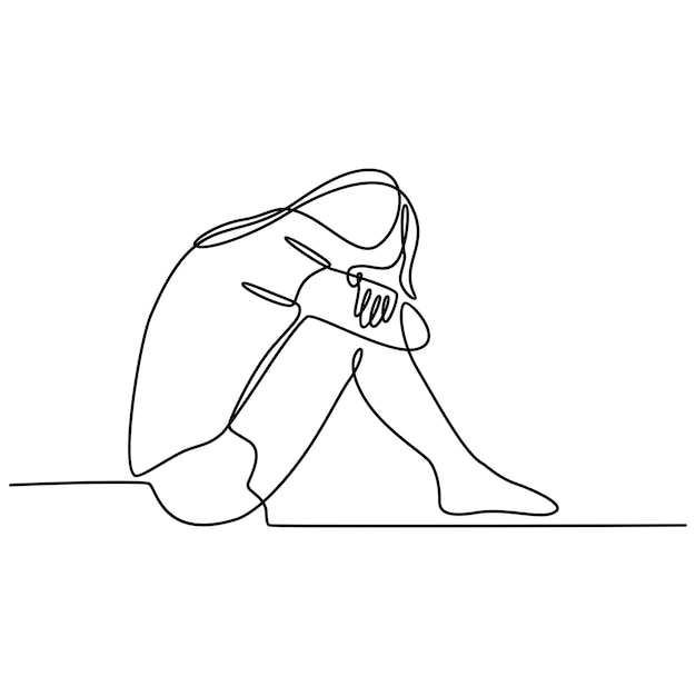 Continuous line drawing of young woman feeling sad tired and worried suffering from depression