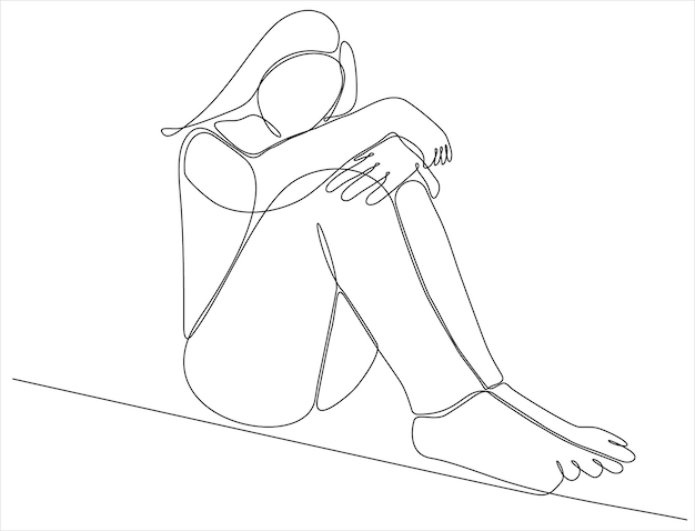 Disegno a tratteggio continuo di una giovane donna che si sente triste, stanca e preoccupata che soffre di depressione