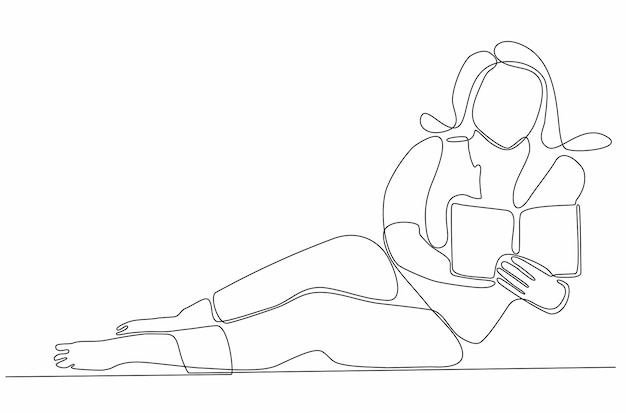 Continuous line drawing Young woman is reading a book premium vector