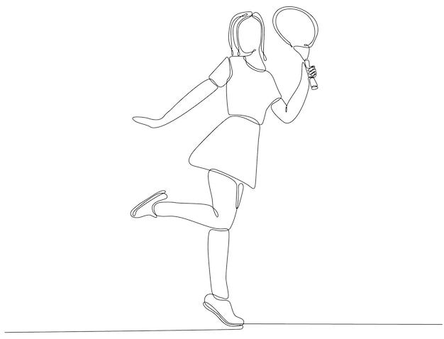 continuous line drawing of young woman playing premium badminton vector