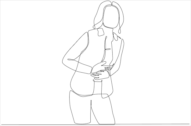 continuous line drawing of young woman suffering from stomachache premium vector