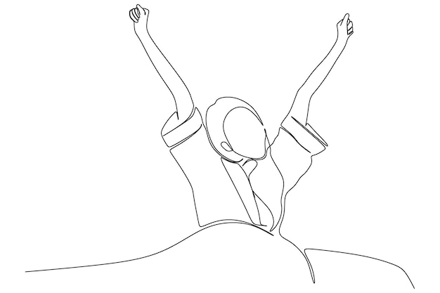 continuous line drawing of young woman waking up happy and smiling in bed