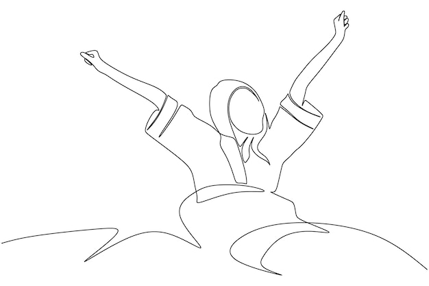 continuous line drawing of young woman waking up happy and smiling in bed