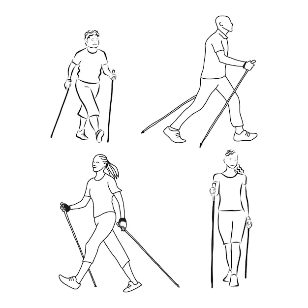 Disegno a tratteggio continuo una giovane donna cammina a piedi con i bastoni da passeggio nordic walking