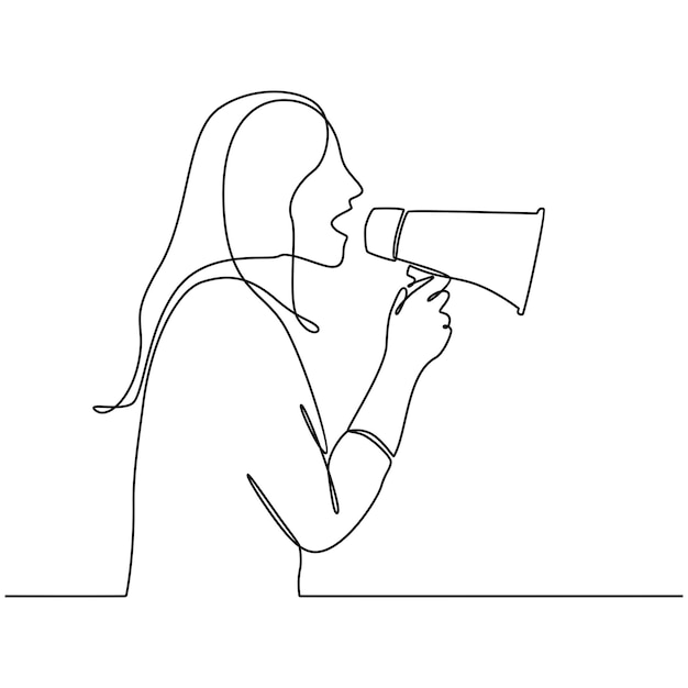 continuous line drawing of young woman with megaphone on white background vector illustration