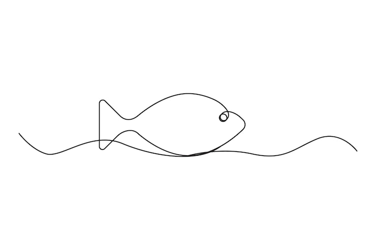 Vector 연속 라인 물고기 미니멀리즘 해양 그림 간단한 터 일러스트레이션 흑백