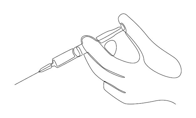 Vector continuous line of gloved hand holding syringe