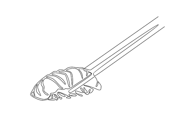 continuous line of hand holding chopsticks with sushi