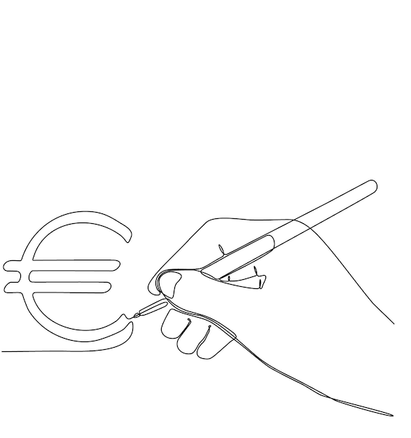 ユーロ記号を描く手とペンの連続線