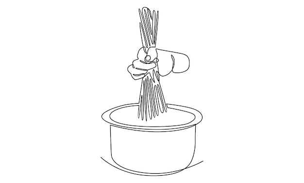 continuous line of hand putting spaghetti into saucepan