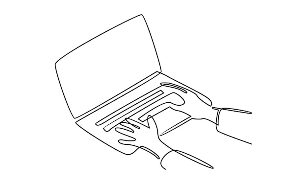 Linea continua della mano che lavora sull'illustrazione del laptop