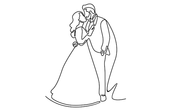 幸せな結婚式のカップルのイラストの連続線