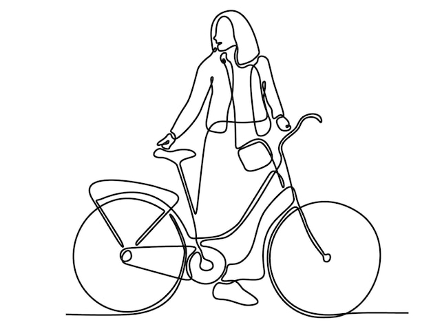 continuous line of happy woman holding bicycle