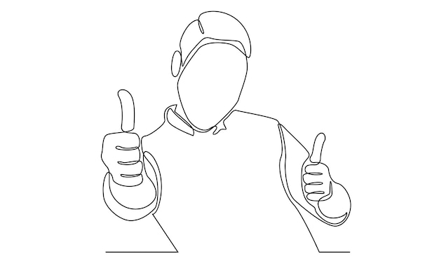 Vector continuous line of happy young man showing thumb up