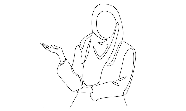 Continuous line of hijab woman presenting hand style in a meeting