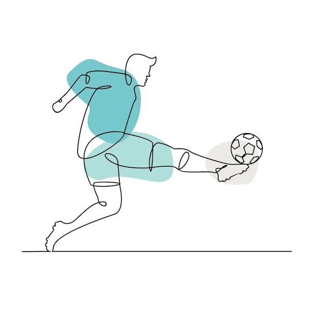 Continuous line Illustration football player kicks the ball