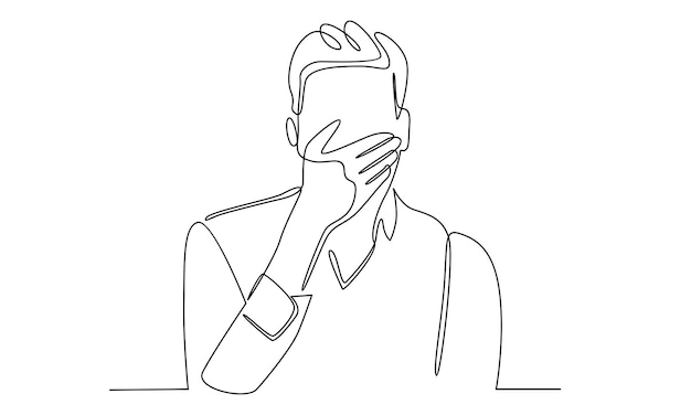 continuous line of man covering mouth with hands