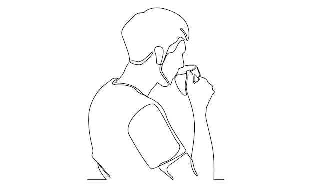 Continuous line of man drink coffee from mug