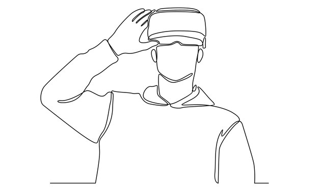 continuous line of man in glasses device virtual reality